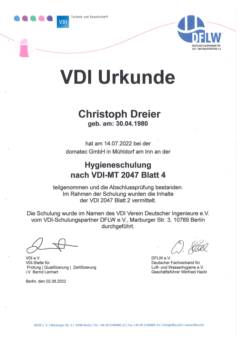 2022 08 02 Urkunde Hygieneschulung VDI MT 2047 Christoph Dreier