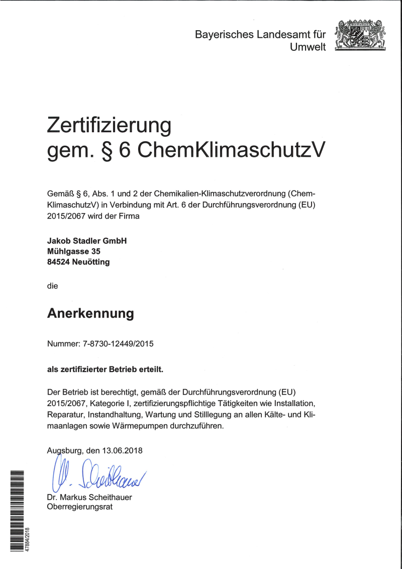 Zertifizierung gem 6 Chem Klimaschutz V